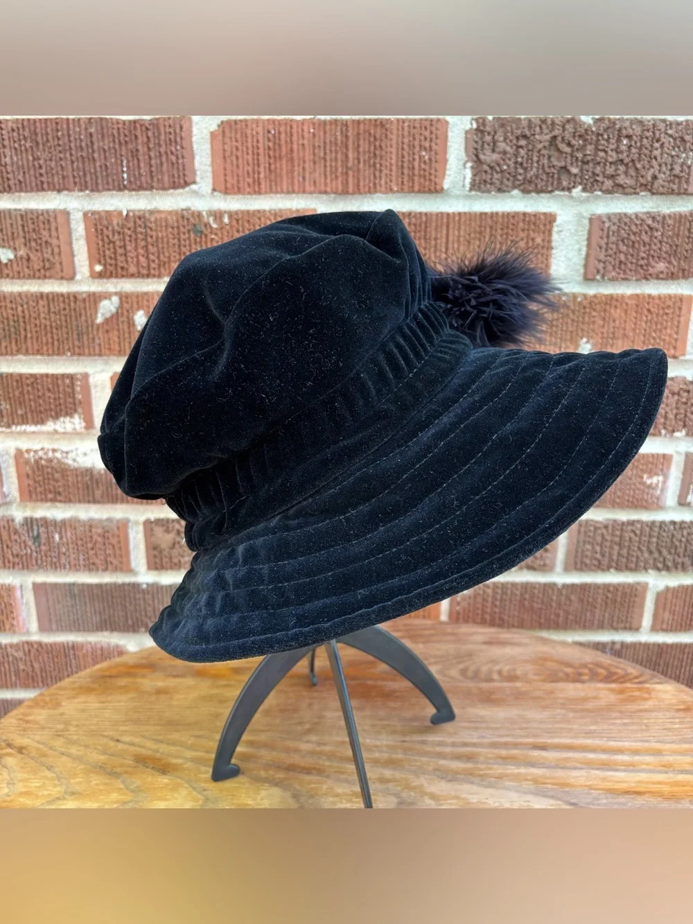 Betmar Black Vintage Velvet Cloche Ruched Bucket Style Feather Pom-Pom Hat